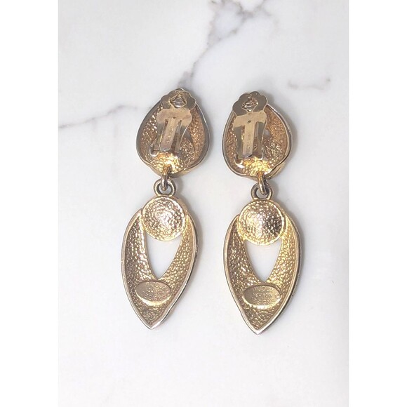 Vintage Bijoux Designs Earrings Clip On Black Enamel Rhinestone Dangle 80s 90s - Picture 9 of 11